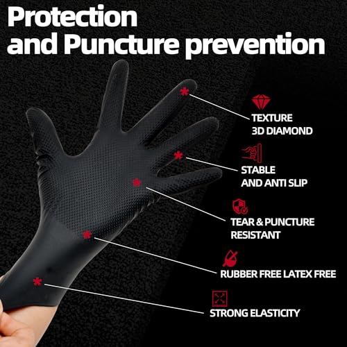 Jointown Basic Heavy Duty Nitrile Gloves, 8 Mil Black Mechanic Disposable Gloves X-Large with Raised Diamond Texture, Latex Free, Powder Free Industrial Automotive Work Gloves Box of 200