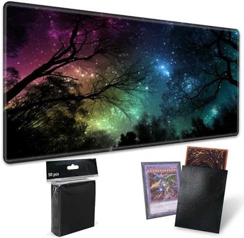 for MTG Playmat TCG Board Game Mat Plus 50 Pcs Card Sleeves, 24 x 14 Table Mats Night Sky Forest Game Mousepad with Soft Surface Non-Slip Base for MTG Trading Card Game Playmats