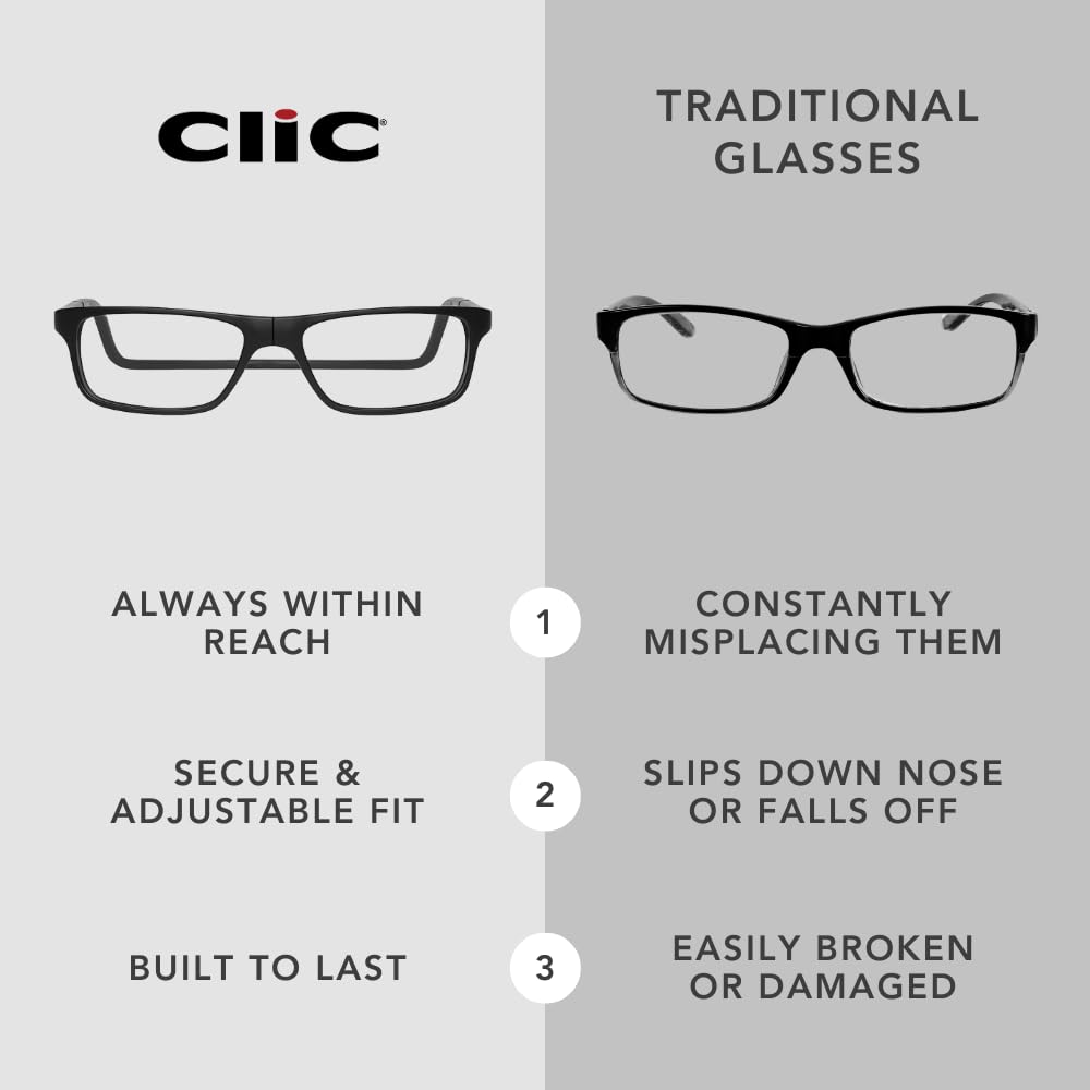 Clic Magnetic Reading Glasses for Men or Women, Computer Readers, Original Long (M-L, Black, 2.00 Magnification)