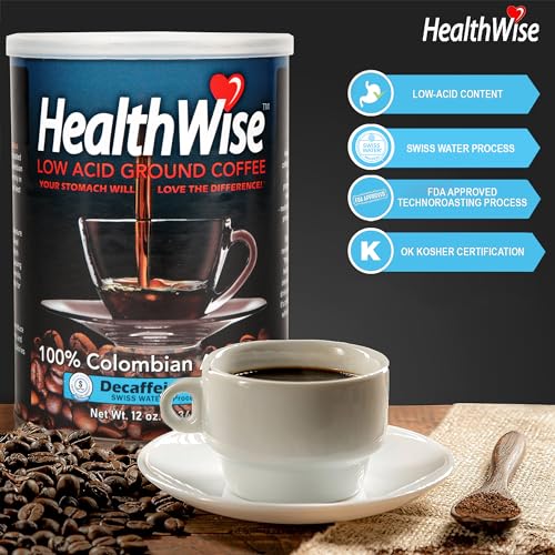 Healthwise Low Acid Decaffeinated Ground Coffee, Chemical-Free Swiss Water Process, 99.9% Caffeine Free, 100% Colombian - Medium Roast, Healthier Coffee for Sensitive Stomachs 12 Ounce (Pack of 1) (1)