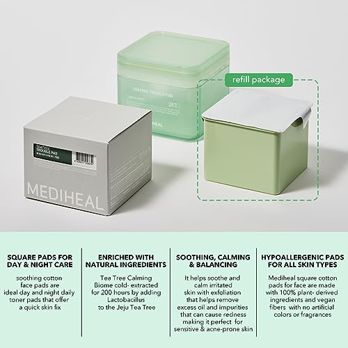 (Only Refill) Mediheal Teatree Trouble Pad (100 Pads) - Cotton Facial Toner Pads for Calm Sensitive & Acne Prone Skin - Vegan Gauze Pad