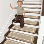 COSY HOMEER Soft Stair Treads 15pcs Non-Slip Carpet Mat 28inX9in Indoor Stair Runners for Wooden Steps,Stair Rugs for Kids and Dogs, 100% Polyester TPE Backing Beige,Square