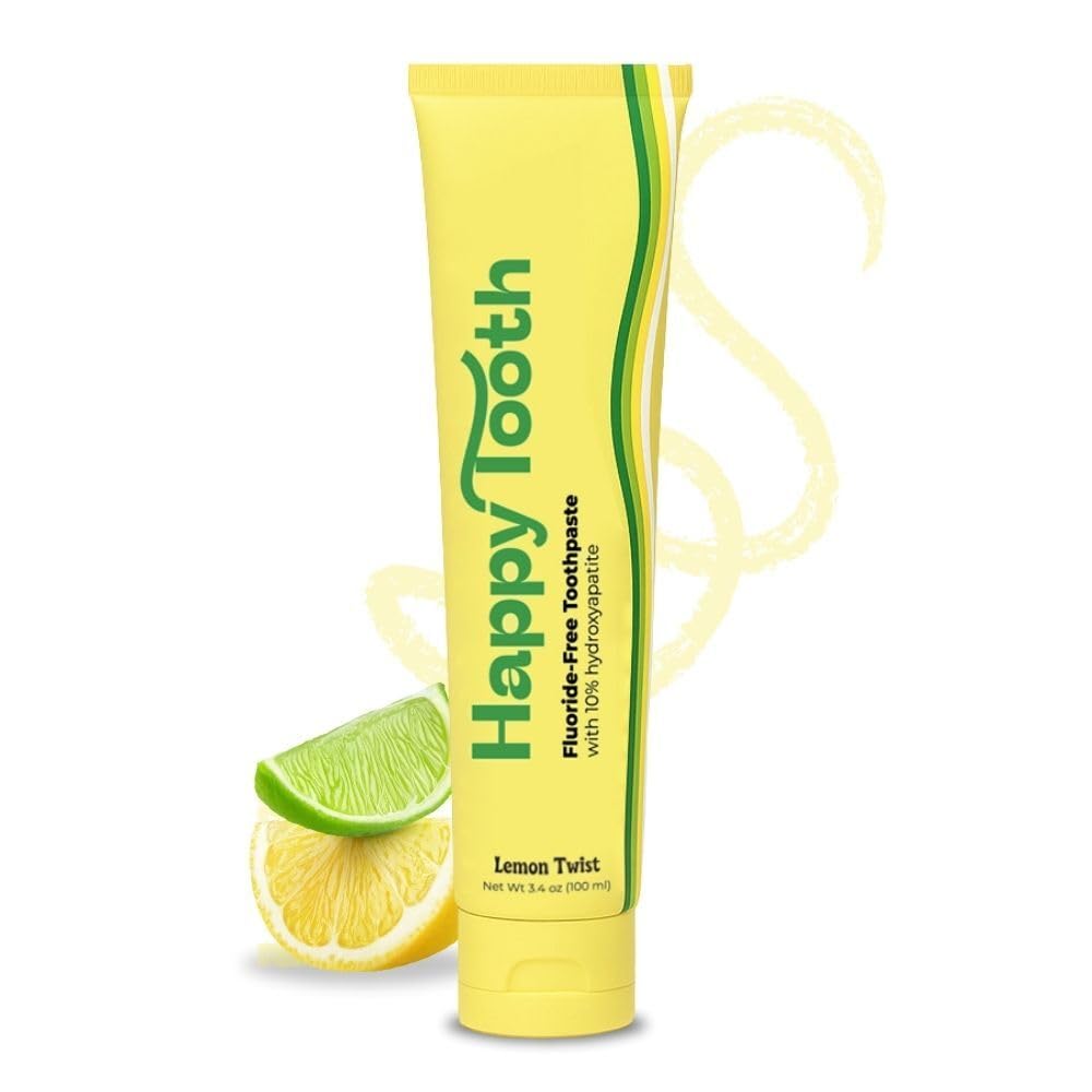 Happy Tooth Hydroxyapatite Toothpaste, Fluoride Free, Natural Whitening for Kids, Toddlers and Adults, SLS Free, Enamel Safe, Dentist Formulated with Clean Ingredients, Lemon Twist Flavor, 3.4 oz