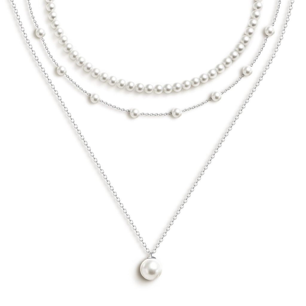 Zeffy Layered Silver Pearl Necklaces for Women Silver Plated Dainty Layered Tiny Single Pearl Choker Trendy Cute Silver Necklace Stack Wedding Jewelry Sets for Women Bridesmaid Gifts