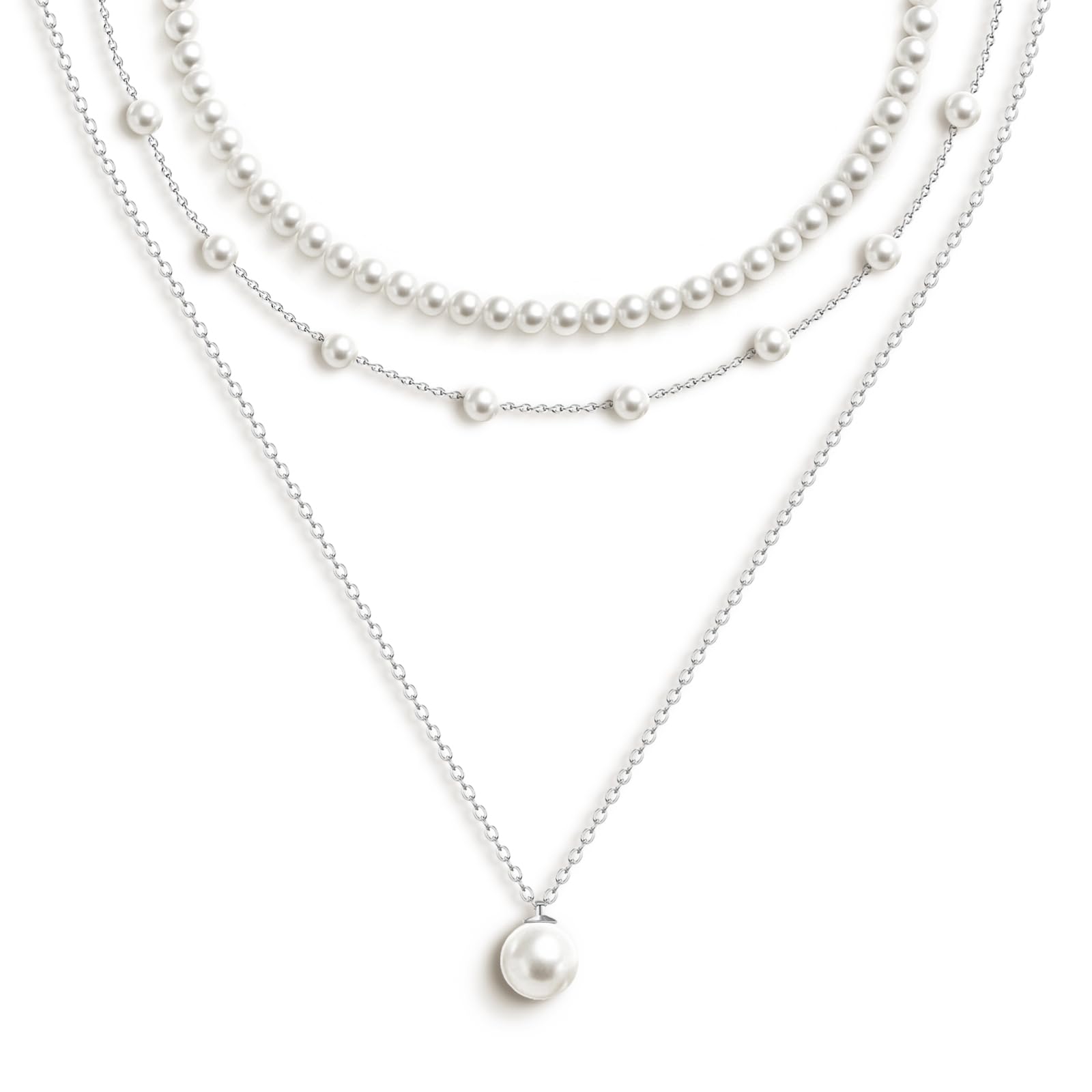 Zeffy Layered Silver Pearl Necklaces for Women Silver Plated Dainty Layered Tiny Single Pearl Choker Trendy Cute Silver Necklace Stack Wedding Jewelry Sets for Women Bridesmaid Gifts