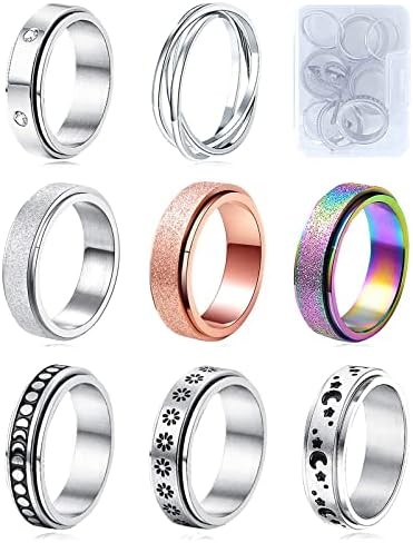 MUCAL Fidget Rings for Anxiety 8pcs Stainless Steel Spinner Ring Anti Anxiety Ring Spinning Moon Star Cool Stress Relieveing Rings for Women Men