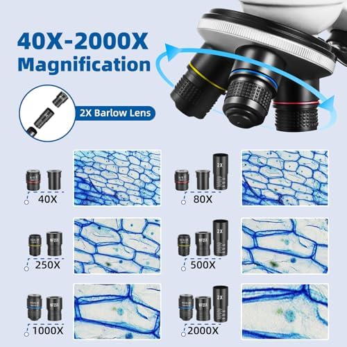 Microscope for Adults Kids,40X-2000X Monocular Microscope Kit for Home School Lab, 2 LED Lights & 5 Colors Kids Microscope with Phone Holder,10 Specimen Slides,20 Slides,100 Coverslips, Bag
