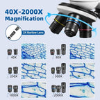 Microscope for Adults Kids,40X-2000X Monocular Microscope Kit for Home School Lab, 2 LED Lights & 5 Colors Kids Microscope with Phone Holder,10 Specimen Slides,20 Slides,100 Coverslips, Bag