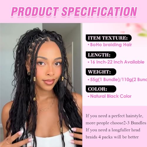 Human Braiding Hair for Boho Braids 22 Inch 110g 2 Bundles/Pack Deep Wave Boho Hair for Braiding 12A Curly Brazilian Virgin Hair Extensions No Weft Knotless Bulk Braids