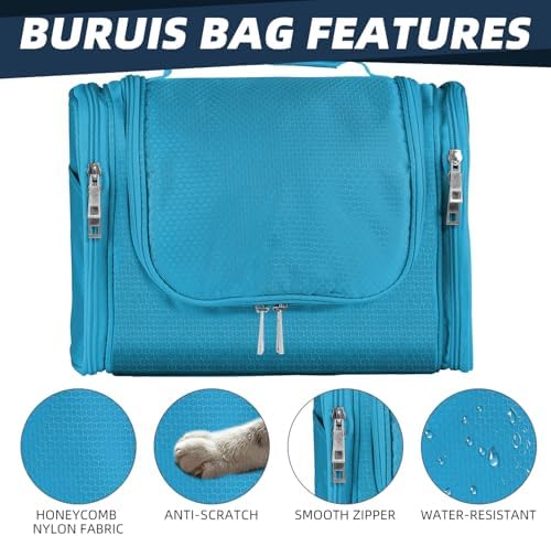 Buruis Large Capacity Toiletry Bag for Women and Men, Hanging Toiletry Organizer Cosmetics Makeup Bag, Water-resistant Dopp kit Shaving Bag for Full Sized Toiletries, Travel Essentials (Light Blue)