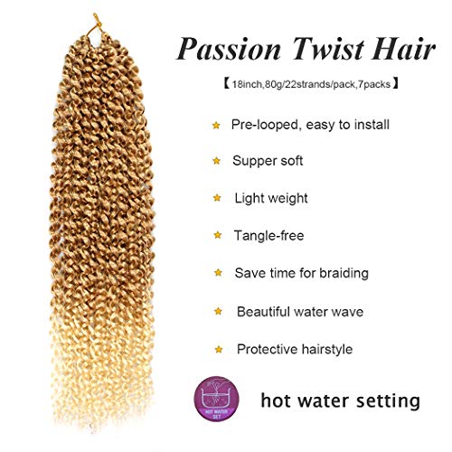 Dorsanee Ombre Blonde Passion Twist Hair 18 Inch 7 Packs Water Wave Crochet Hair Long Bohemian Curly Braiding Hair for Butterfly Locs, Faux Locs, Boho Style Spring Twist Crochet Braids (27/613#)