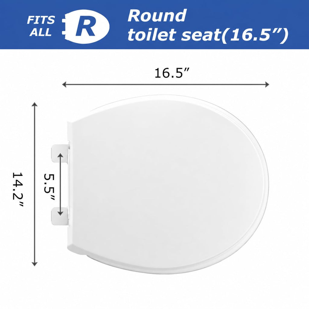 Round Toilet Seat, Slow Close, White Plastic, Never Loosen, 16.5”