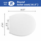 Round Toilet Seat, Slow Close, White Plastic, Never Loosen, 16.5”