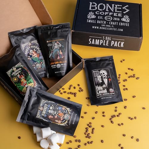 Bones Coffee Company Favorite Flavors Sample Pack Gift Set, Medium Roast Whole Bean Coffee Low Acid Flavored Coffee Beans (4 oz, Pack of 5)