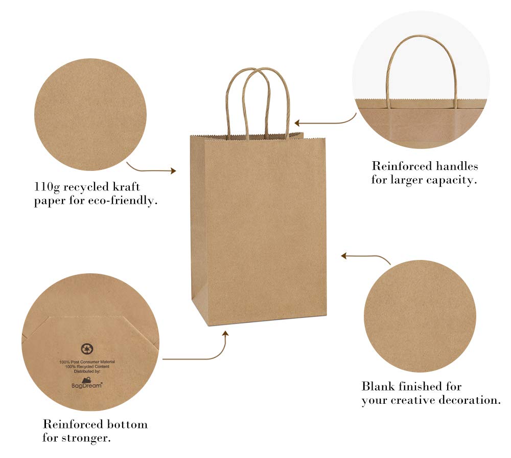 BagDream Gift Bags with Handles 5.25x3x8 Inch Small Brown 100 Pack Bulk