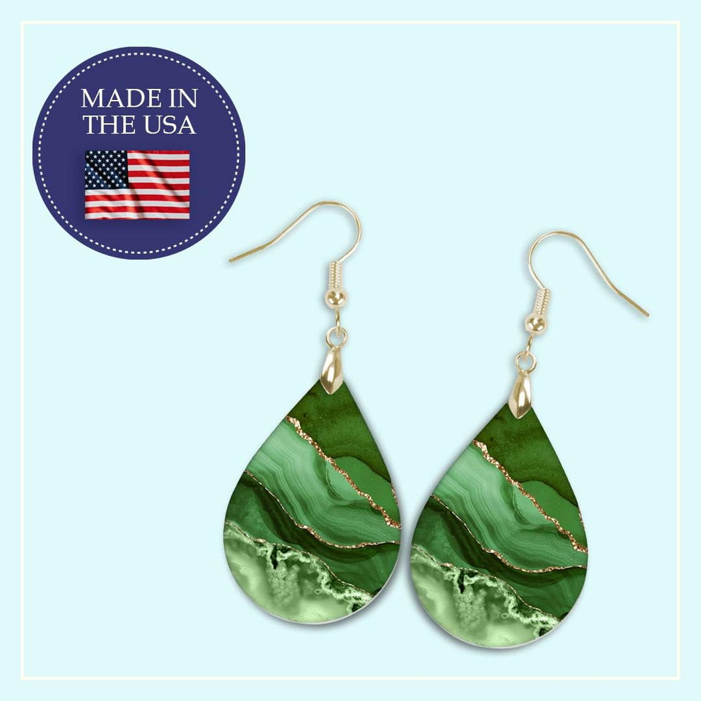Green Earrings for Women with Gold Strands Teardrop Dangle Spring Dangling Wood Statement Jewelry MDF Kelly Lime Handmade by The Painted Pug (Large)