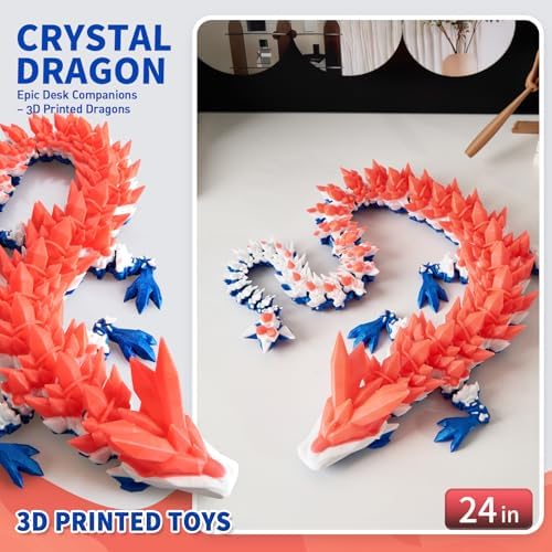 Large 3D Printed Dragon,24 Inch 3D Dragon Toys,Bigger Fidget Crystal Animals Toys, 3D Printed Articulated Animals for Home Office Car Desk Decor (Red White Blue, 24 inch)