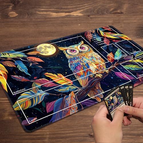 MTG Playmat with Zones Magic Card Playmat Game Mat,TCG & CCG Card Games Mat with Free Storage Bags Size 24 x 14 Inches (with Zones,Owl)