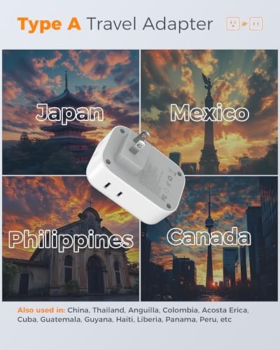 US to Japan Plug Adapter 2 Pack, TESSAN 2 Prong to 3 Prong Outlet Adapter with 4 Outlets 3 USB (1 USB-C), Outlet Adaptor US to Japan China Mexico Philippines Canada Peru Thailand Vietnam
