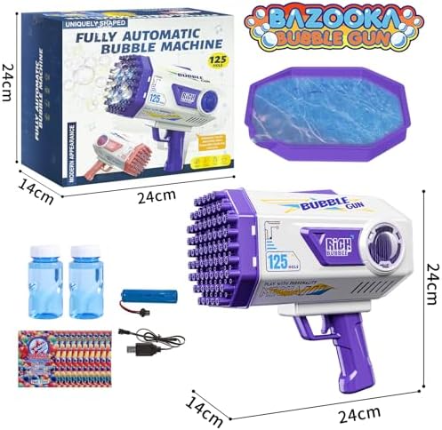 BOMOCO Bubble Gun, 125 Holes Bubble Machine Bubbles for Kids Age 3-12, Bubble Blaster Gun with Bubble Solution Summer Outdoor Bubble Toys Birthday Wedding Party Favors Bubble Maker Blower,Purple