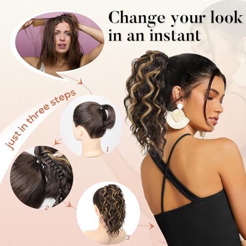 Flufymooz Ponytail Extension, 12" Short Claw Ponytail Extension Wavy Curly Jaw Clip in Pony tails Hair Extension Natural Synthetic Hairpiece for Women (Medium Brown Ash Blonde)
