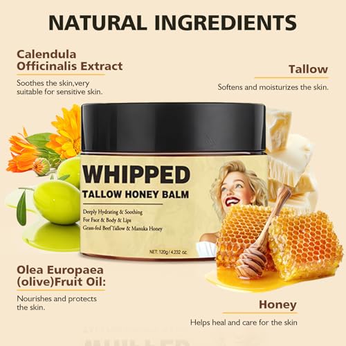 Cebo De Res Para La Cara, Whipped Tallow Honey Balm, Crema De Sebo De Res, Moisturising and Soothing, Grass Fed Grass Finished Organic Face Cream for All Skin Types