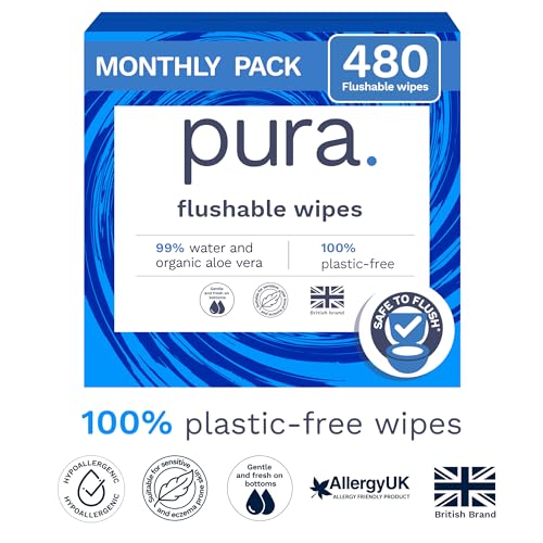 Pura XL Flushable Adult Wipes Unscented, Extra Large Family Wet Wipes with Aloe Vera & 99% Water, Sensitive Skin, 12 Pack of 40 (480 Wipes), Personal Hygiene Toilet