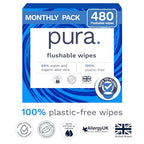 Pura XL Flushable Adult Wipes Unscented, Extra Large Family Wet Wipes with Aloe Vera & 99% Water, Sensitive Skin, 12 Pack of 40 (480 Wipes), Personal Hygiene Toilet