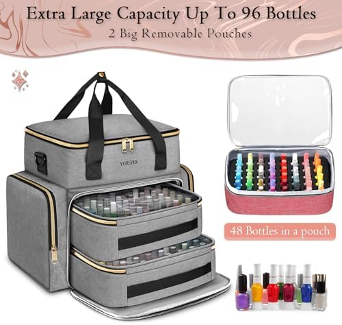 YOREPEK Nail Polish Organizer Case Holds 96 to 100+ Bottles (15ml/0.5 fl.oz) UV lamp, Extra Large Nail Polish Holder with Support Board for Easy Access, Gel Kit Bag For Manicure Tools, Grey