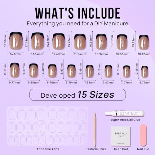 BTArtbox Press on Nails Short Square - Black Chrome French Tip Press On Nails, Glazed Glue On Nails for Women Gifts, Natural Stick On Nails in 15 Sizes - 30 Fake Nails Kit, Braveheart