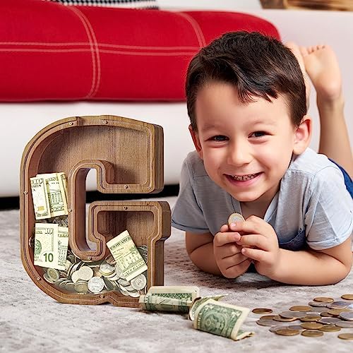 Summidate Customized Name Extra Large Wooden Piggy Bank for Kids Boys Girls Alphabets Letter A-Z Coins Bills Money Change Saving Box Clear Cover (Laser Engraved) Educational Toys 12"- Letter G