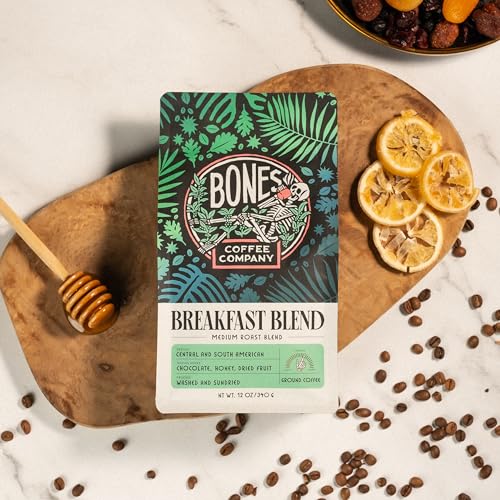 Bones Coffee Company Breakfast Blend Flavored Coffee Beans, Medium Roast Ground Coffee Low Acid (12 oz)