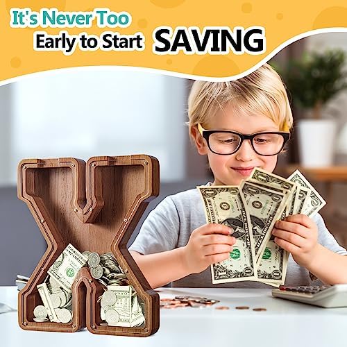 Summidate Customized Name Extra Large Wooden Piggy Bank for Kids Boys Girls Alphabets Letter A-Z Coins Bills Money Change Saving Box Clear Cover (Laser Engraved) Educational Toys 12"- Letter X