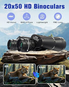 20x50 High Powered Binoculars for Adults, Clear Durable Binoculars for Bird Watching Sightseeing Wildlife Watching Travel Hunting Football Games Stargazing with Carrying Case & Strap