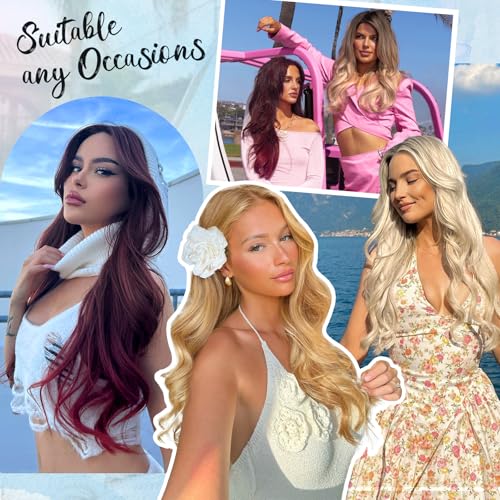 KooKaStyle Invisible Wire Hair Extensions Long Wavy Layered Synthetic Hair Extensions with Transparent Wire Adjustable Size 6 Secure Clips Platinum Blonde Hairpieces for Women 20 Inch