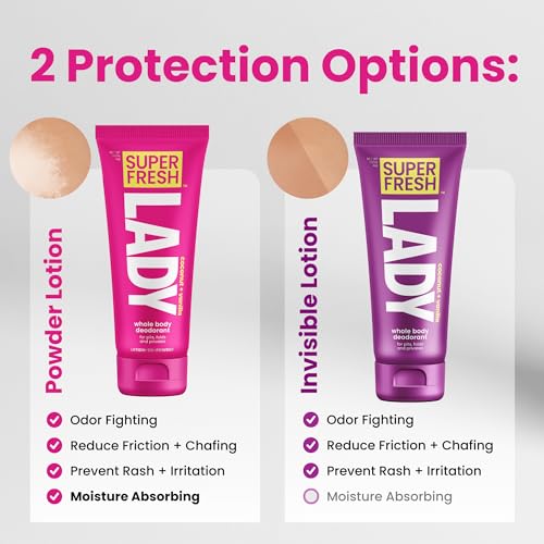 Whole Body Deodorant Lotion For Women by Super Fresh Lady | POWDER LOTION for Privates & Body to Stop Chafe & Odor | Aluminum Free | Coconut + Vanilla Scent | 4oz (2pk)