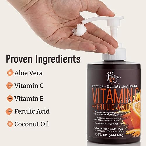 BLOOM Vitamin C Cream Body Lotion & Face Moisturizer W/Coconut Oil | Natural Skin Care Firming & Brightening Cream For Women, For Body, Uneven Skin Tone, Wrinkles, & Sun Damaged Dry Skin, 15 Oz