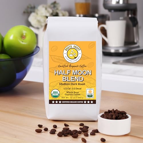 North Coast Roasting Company, Half Caff, Medium Dark Roast, Low Acid Organic Coffee, Whole Bean - 1/2 Cafeine & 1/2 Decaf. Swiss Water Process, Half Moon Blend, USDA Certified Organic Coffee Beans, 12 Ounce Bag
