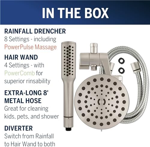 Waterpik High Pressure Pulsating Shower Wand and Rain Shower Head Combo with Extra-Long 8-Foot Metal Hose, HairWand Pulse Spa System 12 Spray Modes for Hair and Body, Brushed Nickel
