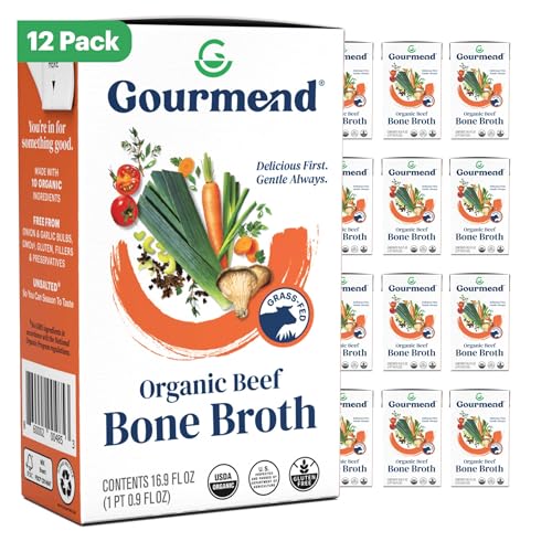 Organic Unsalted 16.9oz Beef Bone Broth from Gourmend Foods (12 Pack) – Just 10 Ingredients, Low FODMAP Certified, Filler Free, Gluten Free, Non-GMO, Onion & Garlic Bulb Free