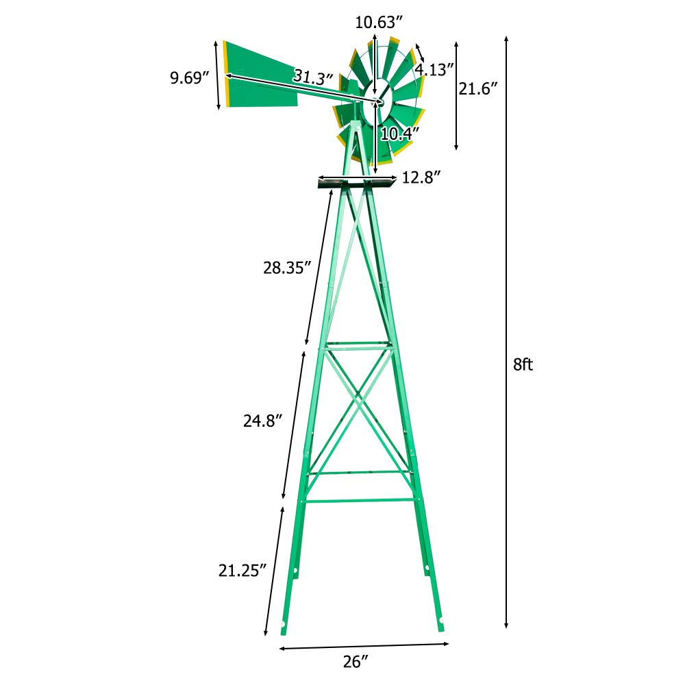VINGLI Upgrade 8FT Ornamental Windmill Backyard Garden Decoration Weather Vane, Heavy Duty Metal Wind Mill w/ 4 Legs Design (Green)
