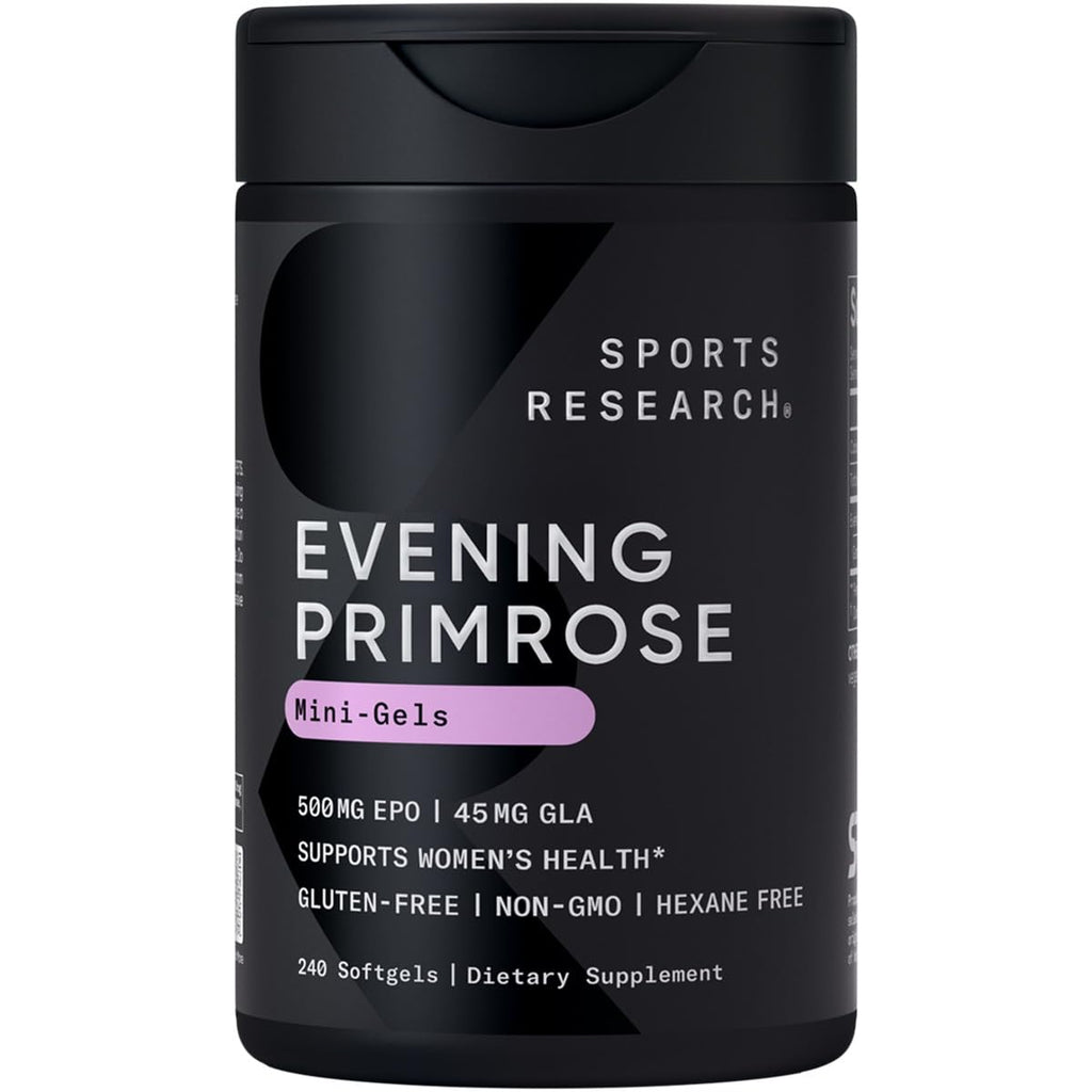 Sports Research Evening Primrose Supplement from Cold Pressed Oil - Softgels for Women’s Health & Skin Health - Gluten Free & Non-GMO GLA - Primrose Oil 500mg, 240 Count