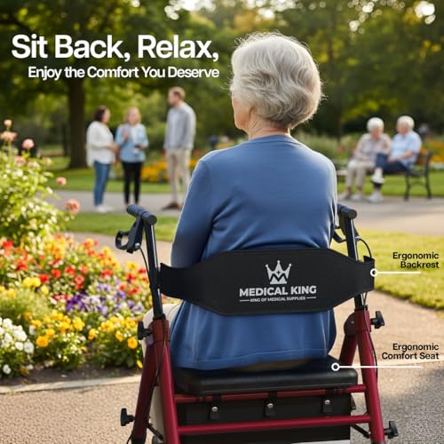 Walkers for Seniors with Seat Foldable Rollator Walker with 8" Wheels, Adjustable Handle Height, Comfortable Seat, 350 lb Capacity, Lightweight Rolling Walker with Storage Pouch - Red
