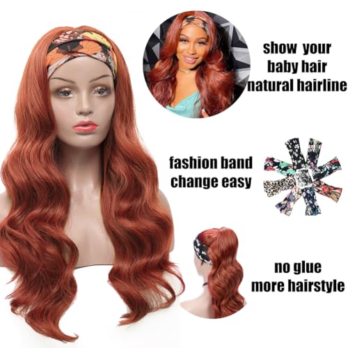Colorful Queen Reddish Brown Headband Wig Auburn Body Wave Headband Wigs for Black Women Copper Red Colored Long Wavy Wig with Headband 26 Inch Glueless Half Wig