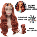 Colorful Queen Reddish Brown Headband Wig Auburn Body Wave Headband Wigs for Black Women Copper Red Colored Long Wavy Wig with Headband 26 Inch Glueless Half Wig