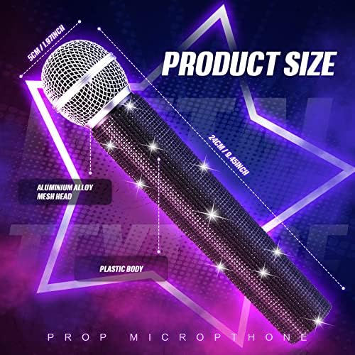 Sanwuta Fake Microphone Prop Sparkly Bling Rhinestones Plastic Play Microphone Pretend Glitter Bedazzled Mic for Cosplay Party Costume(Black)