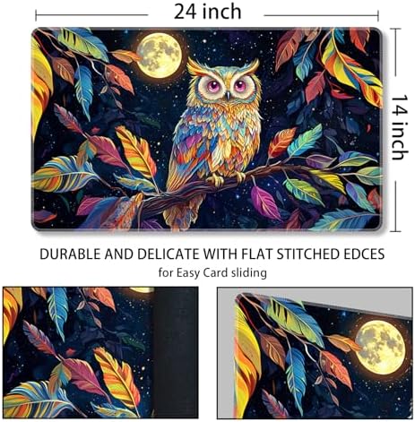 MTG Playmat Magic Card Playmat Game Mat,TCG & CCG Card Games Mat with Free Storage Bags Size 24 x 14 Inches (No with Zones,Owl)