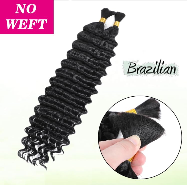 Human Braiding Hair for Boho Braids Bohemian Deep Wave Bulk Human Braiding Hair 100% Unprocessed Brazilian Virgin Human Hair Extensions 2 Bundles Micro Braiding Hair (18 inch,Natural Black)