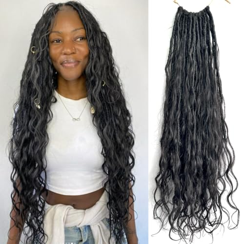 Pre-looped Crochet Boho Faux Locs with Human Hair body wave Ends Boho Hair Braids Goddess Dreadlocks Hair for Black Women Natural Color 18 Inch (Pack of 3)