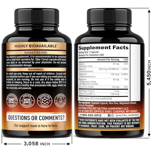 Vitamin D3 K2 - Vitamin D3 10000 iu & K2 as MK-7 120 mcg - Immune & Mood Support, for Bone & Teeth Health - with Magnesium, Zinc & Vitamin C & B12 - Highly Bioavailable - Made in USA, 240 Capsules